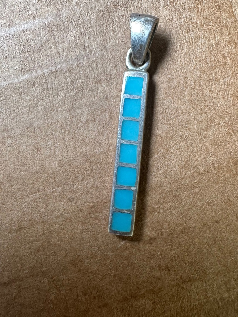 Vintage Southwestern Sterling Silver Genuine Turquoise Inlay Bar Pendant signed